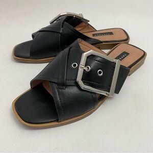 Top Shop Slide Sandals Women’s Sz 5.5 Black Slip On Buckle Flat Open Toe